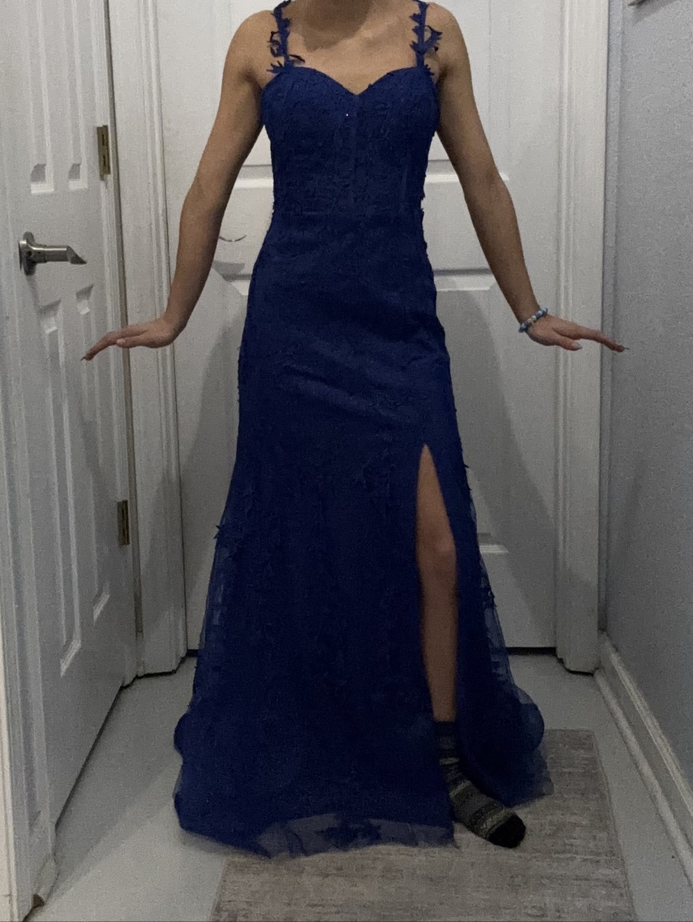 Elegant Navy Lace Evening Gown